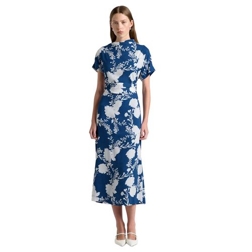 Cue Blue Shadow Floral Draped Midi Dress
